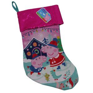 Peppa Pig Christmas Stocking Holiday Piggy Ice Skating Scene Shiny Pink Aqua NEW